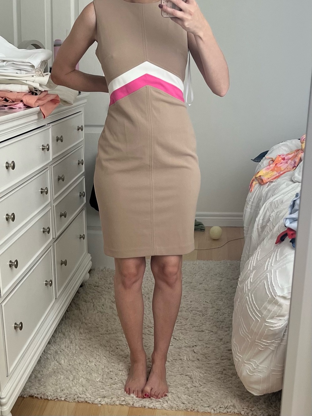 Tommy Hilfiger Tan Sheath Dress with Pink & White Chevron